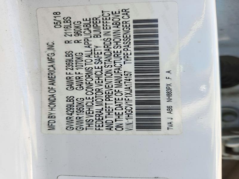 2018 Honda Accord მანქანა იყიდება აუქციონზე, vin: 1HGCV1F1XJA174157, აუქციონის ნომერი: 71752276