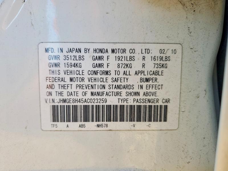 2010 Honda Fit მანქანა იყიდება აუქციონზე, vin: JHMGE8H45AC023259, აუქციონის ნომერი: 72042166