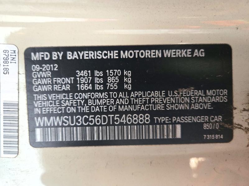 Продаж на аукціоні авто 2013 Mini Cooper, vin: WMWSU3C56DT546888, номер лоту: 72197206