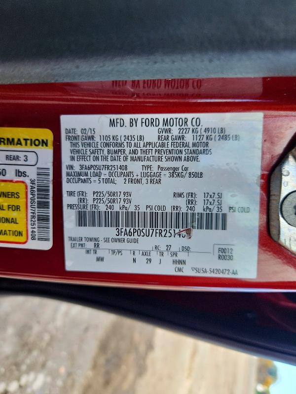 Auction sale of the 2015 Ford Fusion, vin: 3FA6P0SU7FR251408, lot number: 72594356
