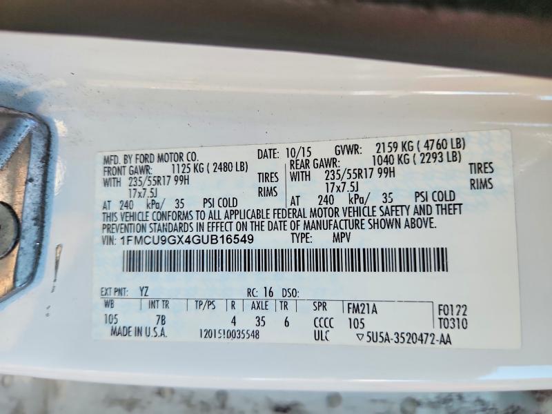 70179126 :رقم المزاد ، 1FMCU9GX4GUB16549 vin ، 2016 Ford Escape مزاد بيع