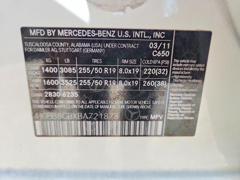 Aukcja sprzedaży 2011 Mercedes-benz Ml, vin: 4JGBB8GBXBA721878, numer aukcji: 71064916