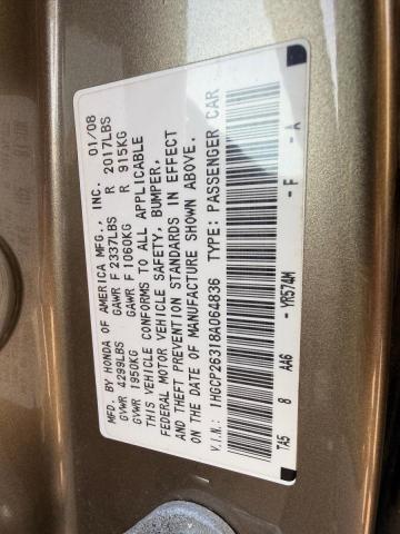 71642536 :رقم المزاد ، 1HGCP26318A064836 vin ، 2008 Honda Accord مزاد بيع