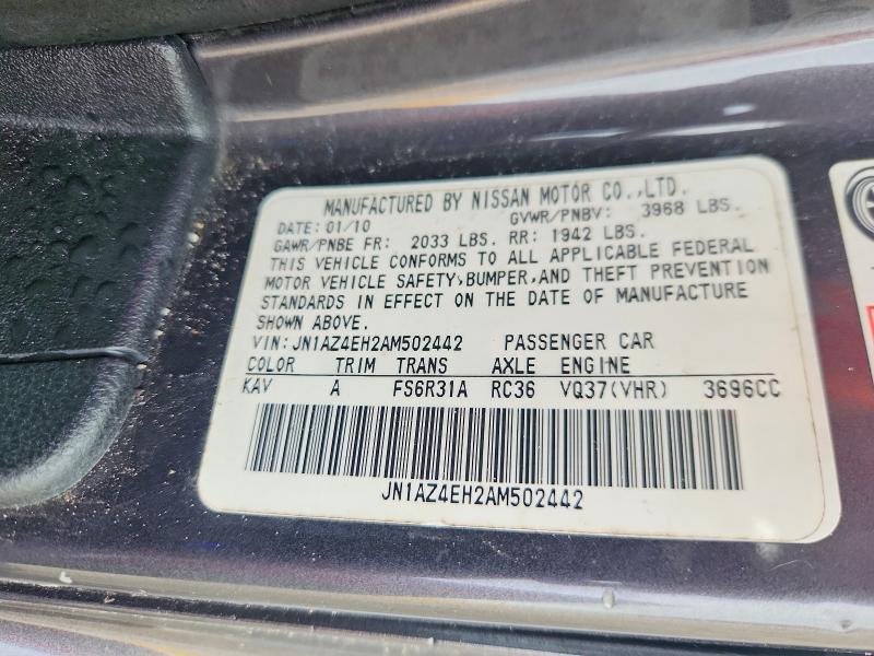 2010 Nissan 370z მანქანა იყიდება აუქციონზე, vin: JN1AZ4EH2AM502442, აუქციონის ნომერი: 70915726