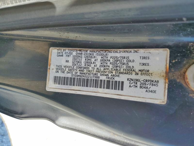 2002 Toyota Tundra მანქანა იყიდება აუქციონზე, vin: 5TESM92N32Z117388, აუქციონის ნომერი: 72012746