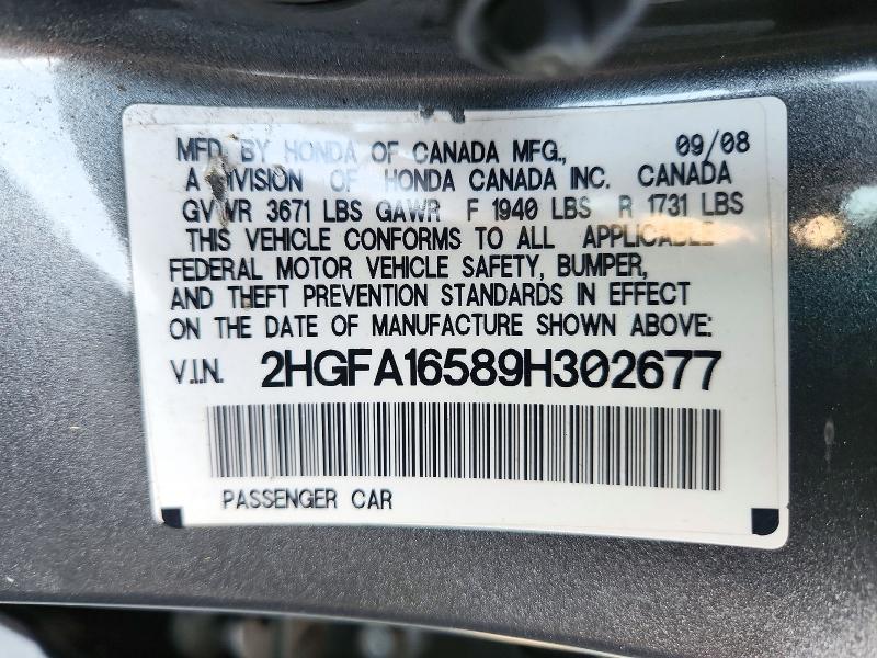 2009 Honda Civic მანქანა იყიდება აუქციონზე, vin: 2HGFA16589H302677, აუქციონის ნომერი: 72224136