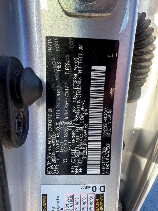 Aukcja sprzedaży 2019 Toyota 4runner, vin: JTEBU5JR0K5699168, numer aukcji: 72138556