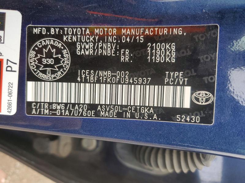 Продажа на аукционе авто 2015 Toyota Camry, vin: 4T1BF1FK0FU945937, номер лота: 69808406