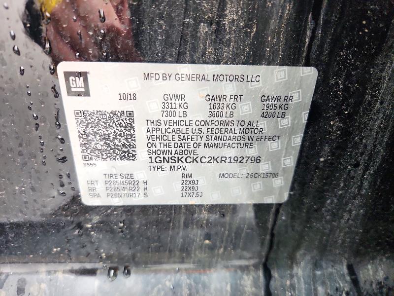 72965806 :رقم المزاد ، 1GNSKCKC2KR192796 vin ، 2019 Chevrolet Tahoe مزاد بيع