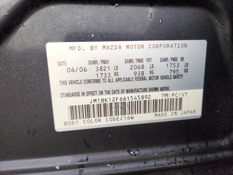 Продажа на аукционе авто 2006 Mazda 3, vin: JM1BK12F661545892, номер лота: 72598416