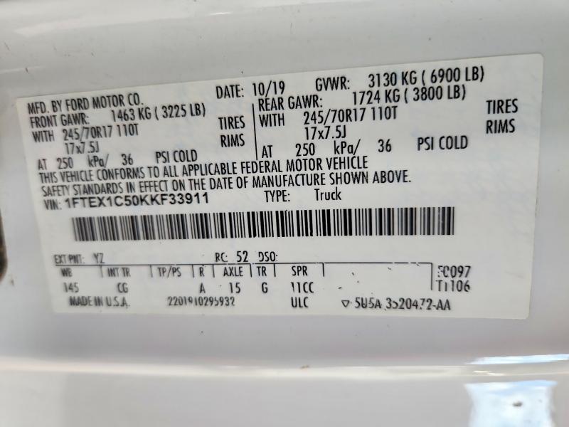 71890716 :رقم المزاد ، 1FTEX1C50KKF33911 vin ، 2019 Ford F150 مزاد بيع
