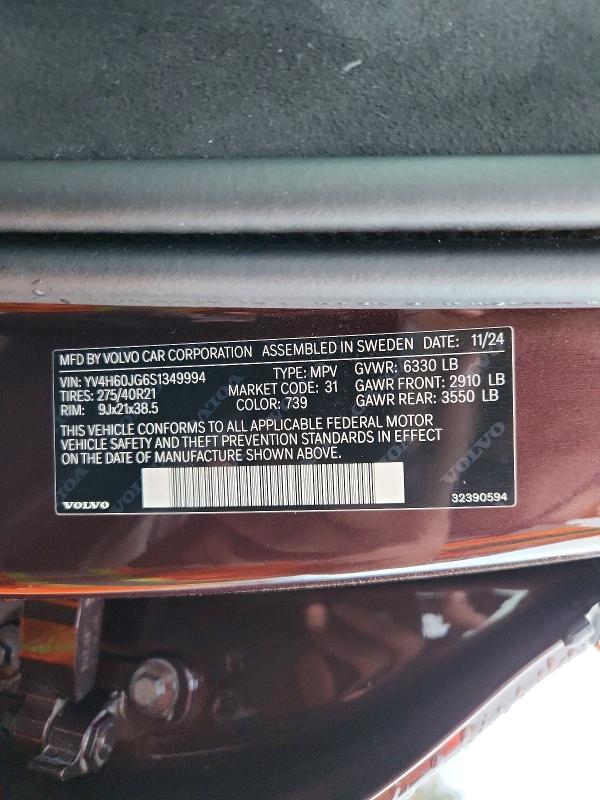 Aukcja sprzedaży 2025 Volvo Xc90, vin: YV4H60JG6S1349994, numer aukcji: 72436476
