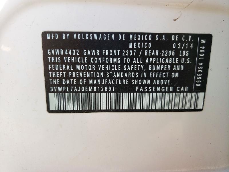 2014 Volkswagen Jetta მანქანა იყიდება აუქციონზე, vin: 3VWPL7AJ0EM612691, აუქციონის ნომერი: 71849086