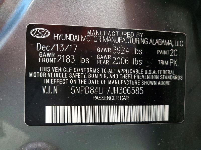 72375896 :رقم المزاد ، 5NPD84LF7JH306585 vin ، 2018 Hyundai Elantra مزاد بيع