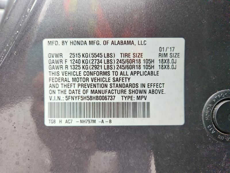 2017 Honda Pilot მანქანა იყიდება აუქციონზე, vin: 5FNYF5H58HB006737, აუქციონის ნომერი: 71764046