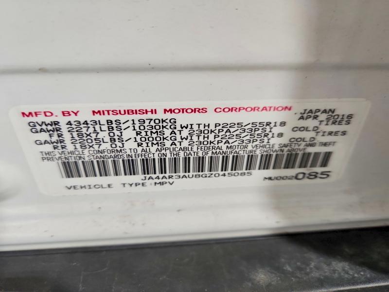 71562946 :رقم المزاد ، JA4AR3AU8GZ045085 vin ، 2016 Mitsubishi Outlander Sport مزاد بيع