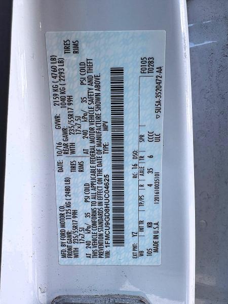 Продаж на аукціоні авто 2017 Ford Escape, vin: 1FMCU9GD8HUC04625, номер лоту: 72823716