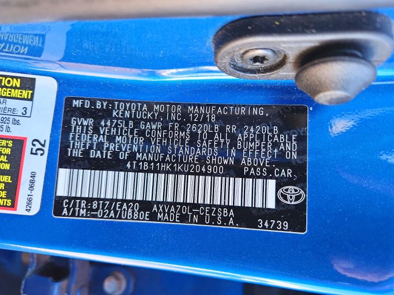 72378326 :رقم المزاد ، 4T1B11HK1KU204900 vin ، 2019 Toyota Camry مزاد بيع