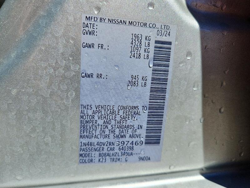 2024 Nissan Altima მანქანა იყიდება აუქციონზე, vin: 1N4BL4DV2RN397469, აუქციონის ნომერი: 70379466