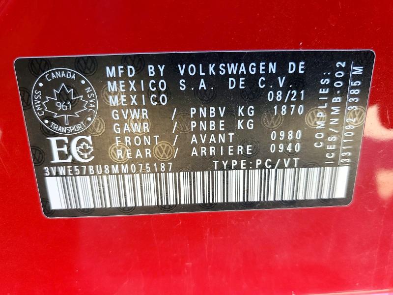 70686056 :رقم المزاد ، 3VWE57BU8MM075187 vin ، 2021 Volkswagen Jetta مزاد بيع
