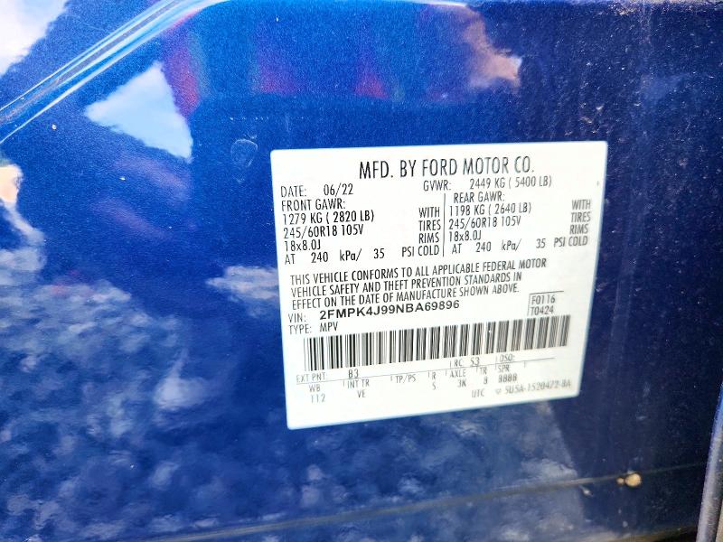 2022 Ford Edge მანქანა იყიდება აუქციონზე, vin: 2FMPK4J99NBA69896, აუქციონის ნომერი: 71914546