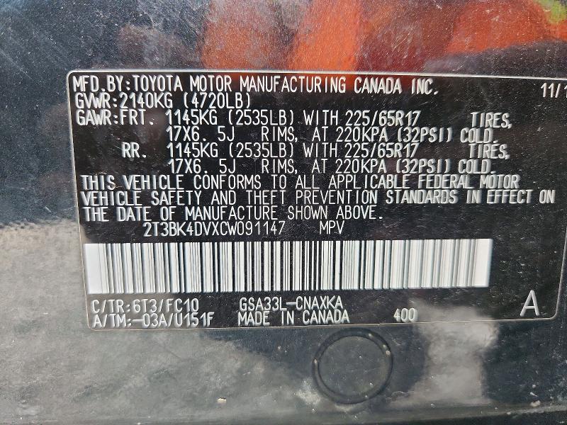 71739446 :رقم المزاد ، 2T3BK4DVXCW091147 vin ، 2012 Toyota Rav4 مزاد بيع