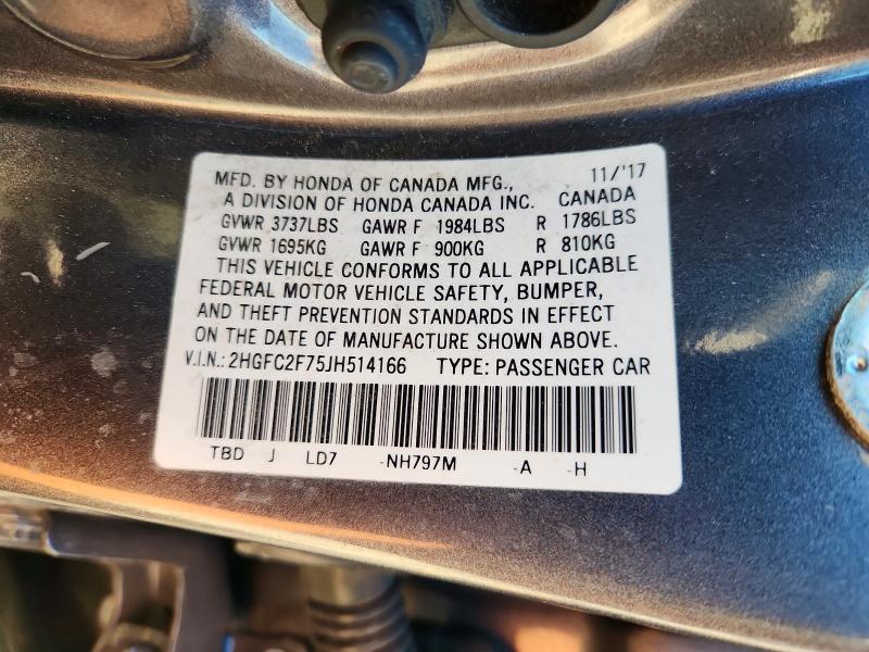 Продажа на аукционе авто 2018 Honda Civic, vin: 2HGFC2F75JH514166, номер лота: 71489986