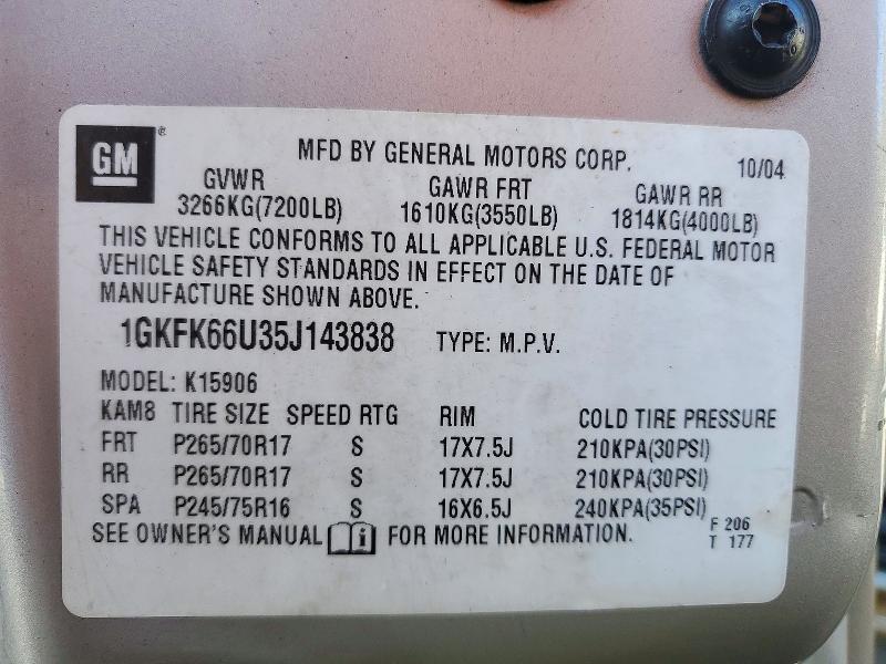 72960016 :رقم المزاد ، 1GKFK66U35J143838 vin ، 2005 Gmc Yukon Xl مزاد بيع