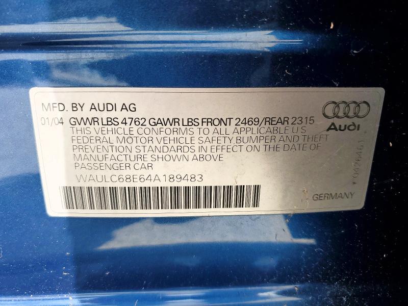 72015906 :رقم المزاد ، WAULC68E64A189483 vin ، 2004 Audi A4 مزاد بيع