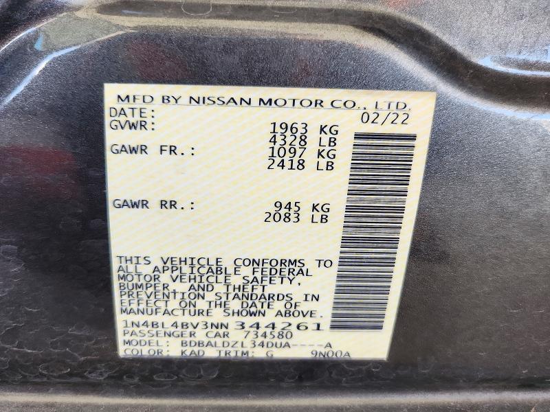72424376 :رقم المزاد ، 1N4BL4BV3NN344261 vin ، 2022 Nissan Altima مزاد بيع