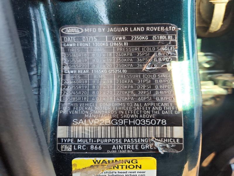 2015 Land Rover Range Rover Evoque მანქანა იყიდება აუქციონზე, vin: SALVP2BG9FH035078, აუქციონის ნომერი: 72834126