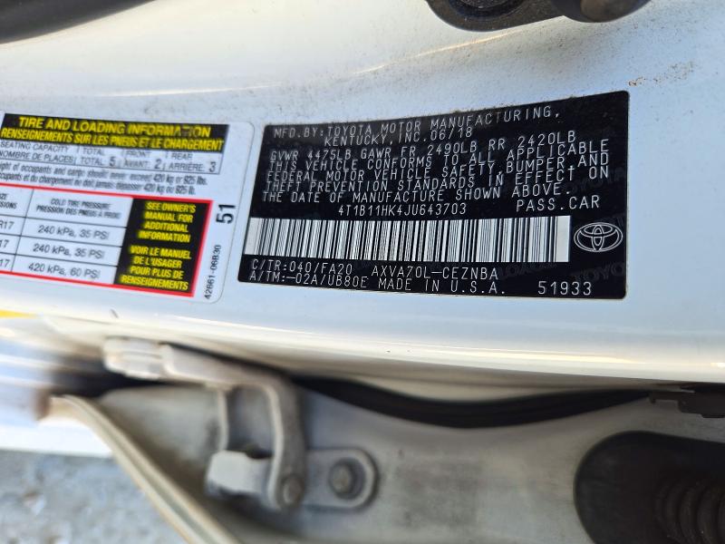 Aukcja sprzedaży 2018 Toyota Camry, vin: 4T1B11HK4JU643703, numer aukcji: 71721076