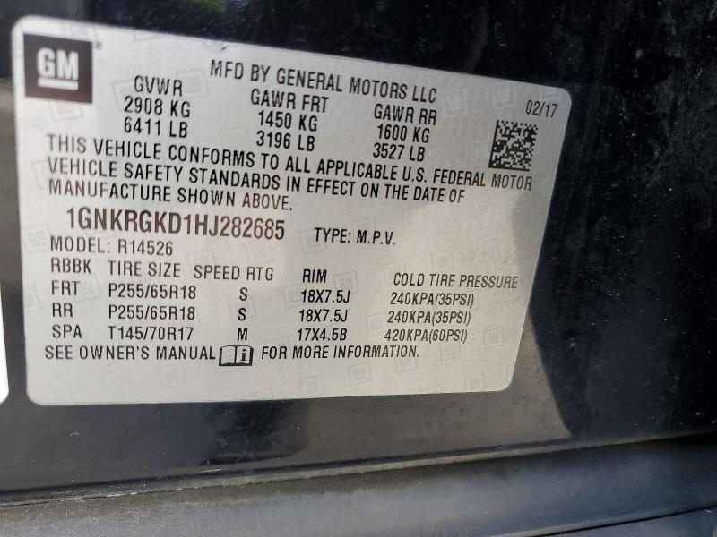 71827406 :رقم المزاد ، 1GNKRGKD1HJ282685 vin ، 2017 Chevrolet Traverse مزاد بيع