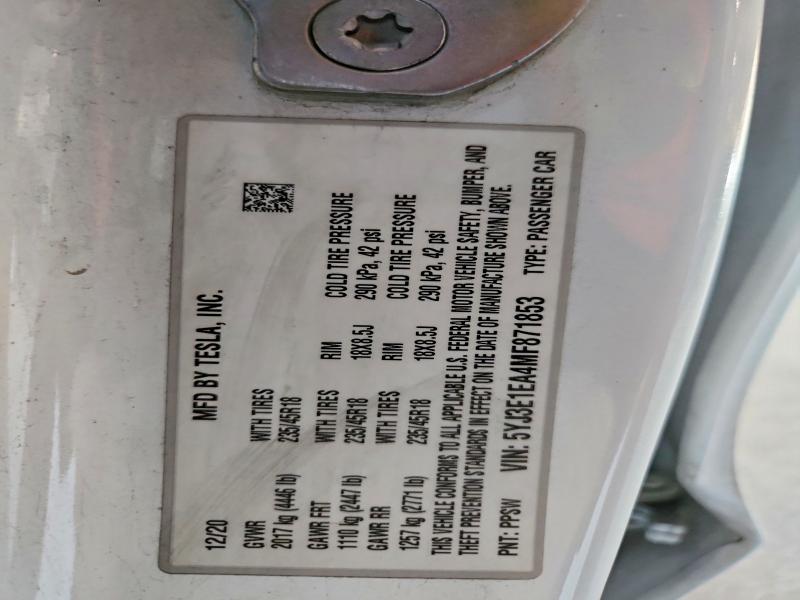 Продаж на аукціоні авто 2021 Tesla Model 3, vin: 5YJ3E1EA4MF871853, номер лоту: 72040156