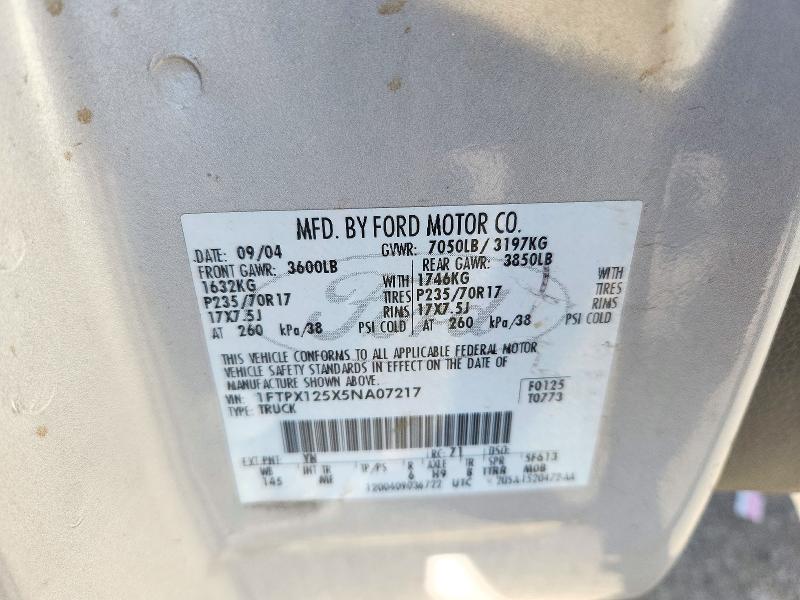 2005 Ford F150 მანქანა იყიდება აუქციონზე, vin: 1FTPX125X5NA07217, აუქციონის ნომერი: 73691236