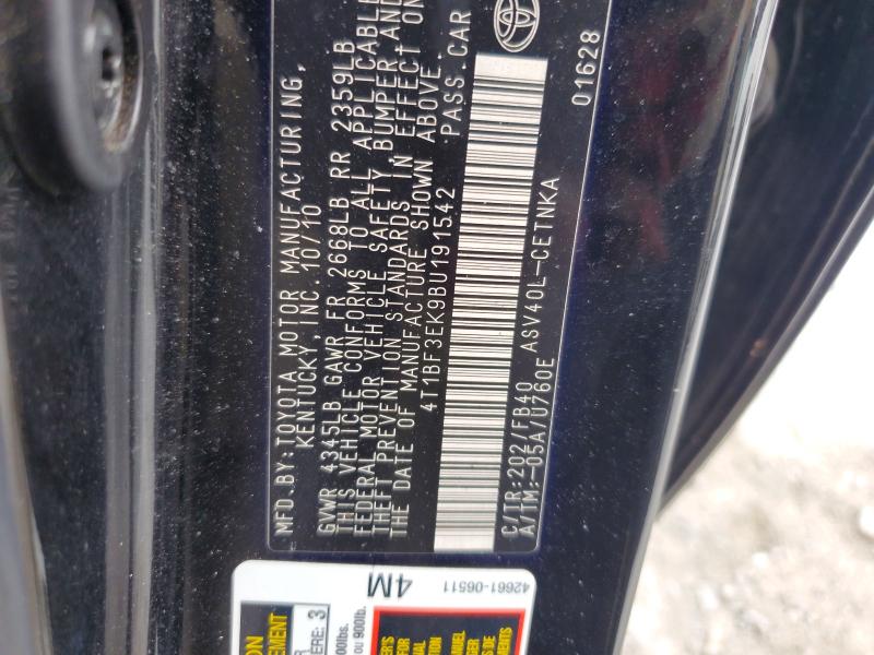 2011 Toyota Camry მანქანა იყიდება აუქციონზე, vin: 4T1BF3EK9BU191542, აუქციონის ნომერი: 71537486