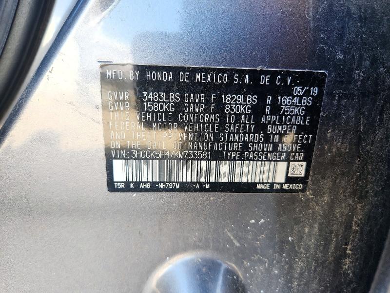 71976556 :رقم المزاد ، 3HGGK5H47KM733581 vin ، 2019 Honda Fit مزاد بيع
