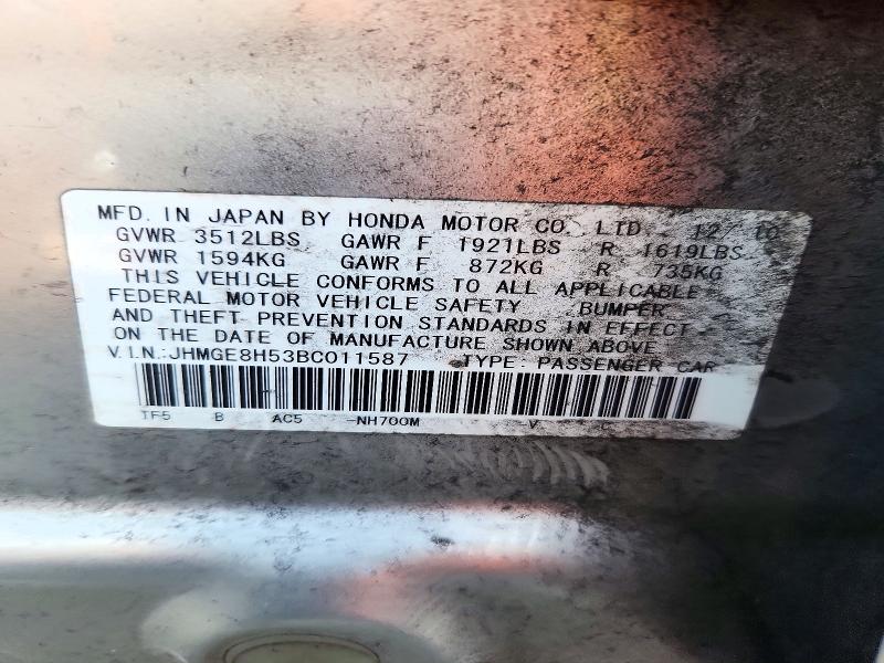 72220886 :رقم المزاد ، JHMGE8H53BC011587 vin ، 2011 Honda Fit مزاد بيع