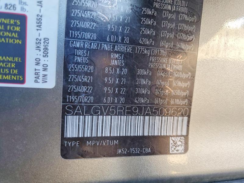 2018 Land Rover Range Rover მანქანა იყიდება აუქციონზე, vin: SALGV5RE9JA509620, აუქციონის ნომერი: 70380466