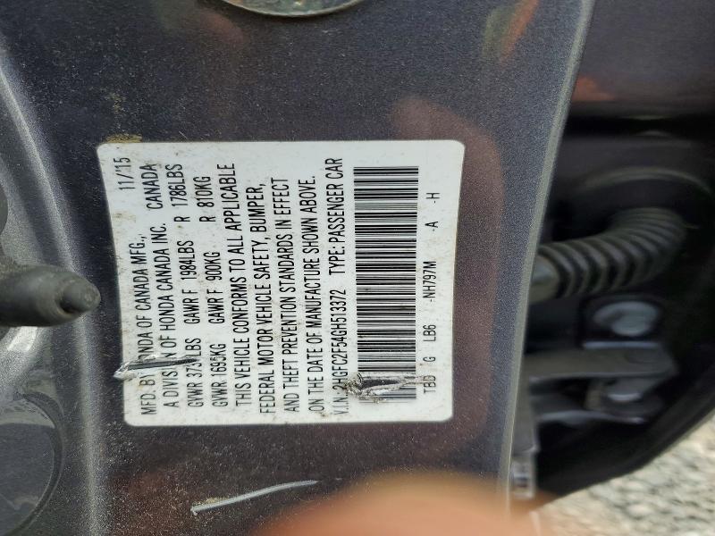 Продаж на аукціоні авто 2016 Honda Civic, vin: 2HGFC2F54GH513372, номер лоту: 71965946