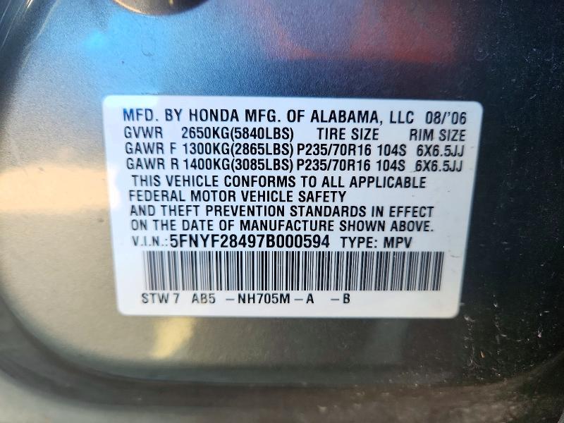 Продаж на аукціоні авто 2007 Honda Pilot, vin: 5FNYF28497B000594, номер лоту: 72168456