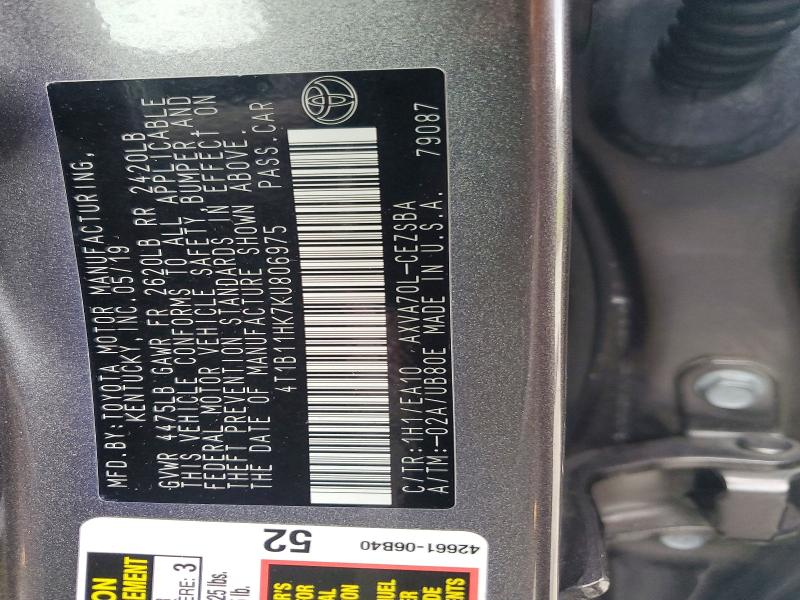 2019 Toyota Camry მანქანა იყიდება აუქციონზე, vin: 4T1B11HK7KU806975, აუქციონის ნომერი: 71577876