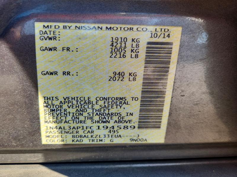 2015 Nissan Altima მანქანა იყიდება აუქციონზე, vin: 1N4AL3AP1FC194589, აუქციონის ნომერი: 71418726