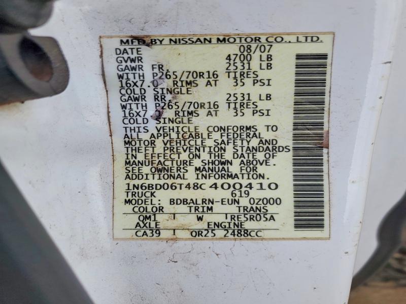 2008 Nissan Frontier მანქანა იყიდება აუქციონზე, vin: 1N6BD06T48C400410, აუქციონის ნომერი: 68029646