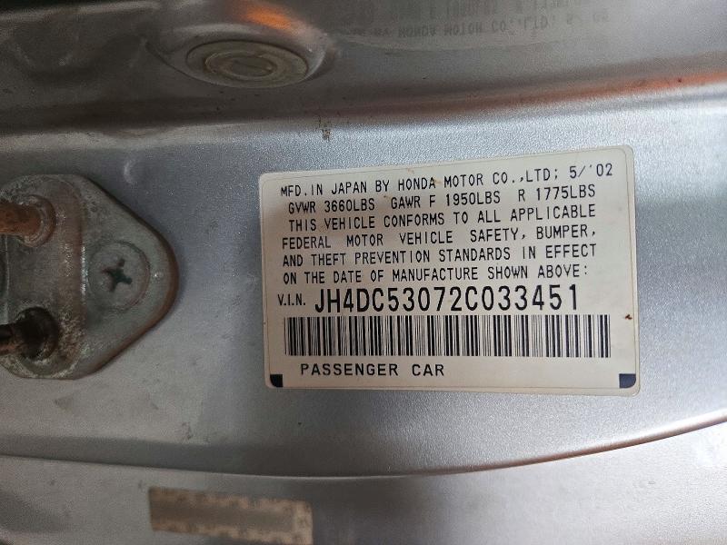 72959556 :رقم المزاد ، JH4DC53072C033451 vin ، 2002 Acura Rsx مزاد بيع