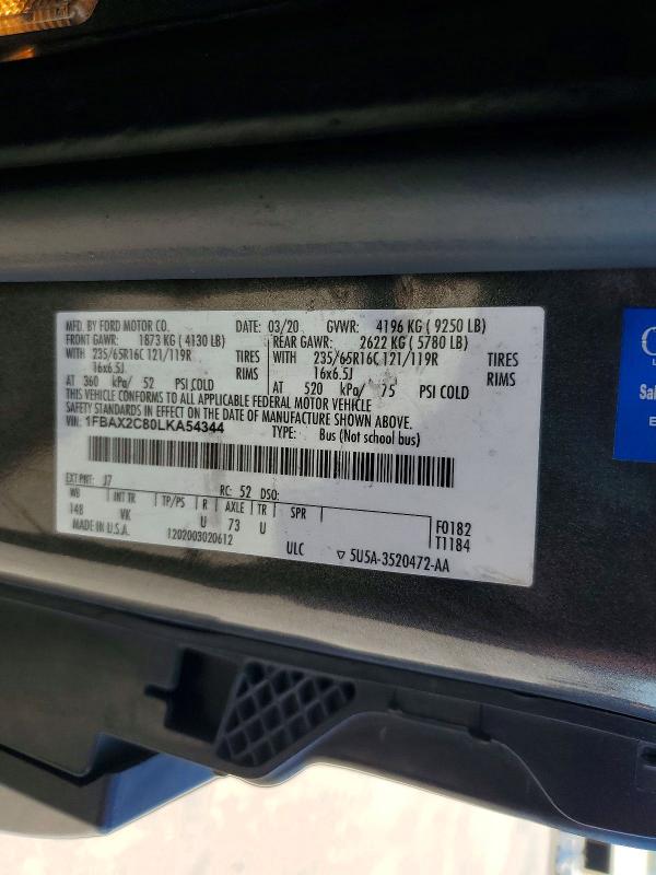 Продаж на аукціоні авто 2020 Ford Transit, vin: 1FBAX2C80LKA54344, номер лоту: 72523546