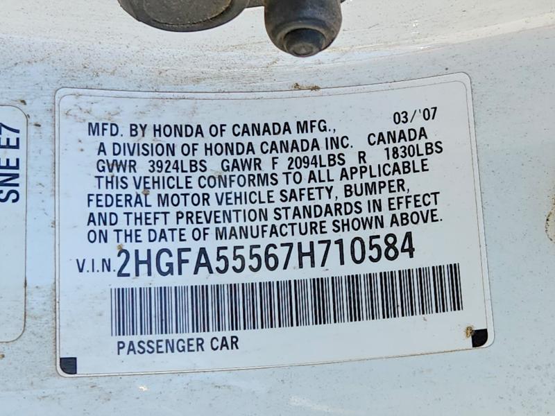 71770196 :رقم المزاد ، 2HGFA55567H710584 vin ، 2007 Honda Civic مزاد بيع