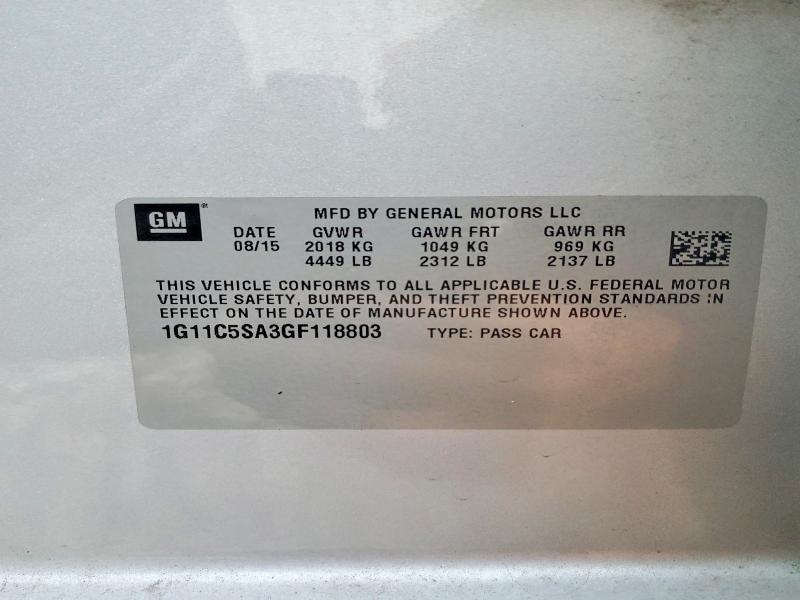 69001736 :رقم المزاد ، 1G11C5SA3GF118803 vin ، 2016 Chevrolet Malibu Limited مزاد بيع