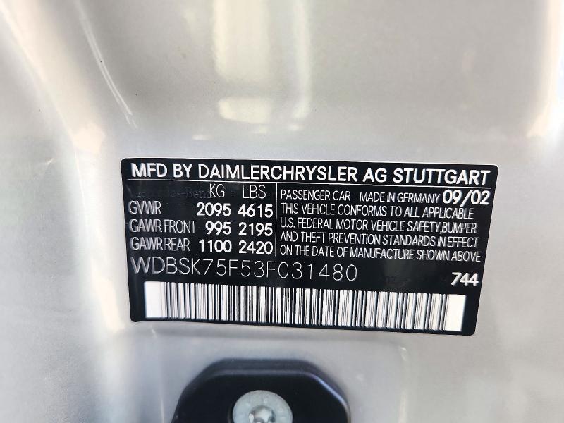 2003 Mercedes-benz Sl მანქანა იყიდება აუქციონზე, vin: WDBSK75F53F031480, აუქციონის ნომერი: 72434306