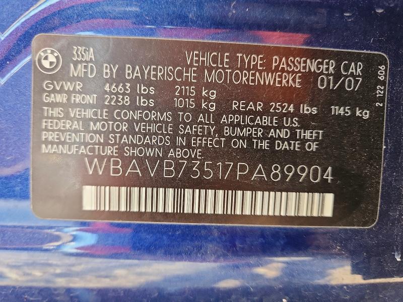 71441176 :رقم المزاد ، WBAVB73517PA89904 vin ، 2007 Bmw 335 مزاد بيع